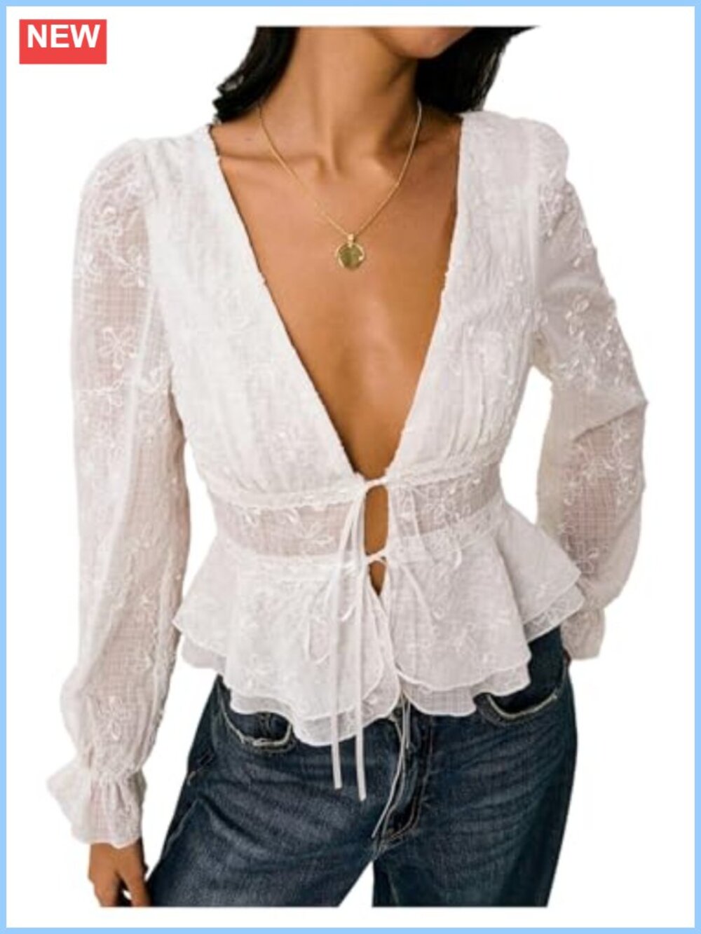 Floral Embroidery Blouse Deep V Neck Ruffle Hem Peplum Top